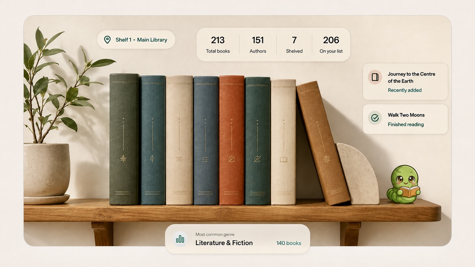 A Wormsi library shelf with reading activity and collection statistics